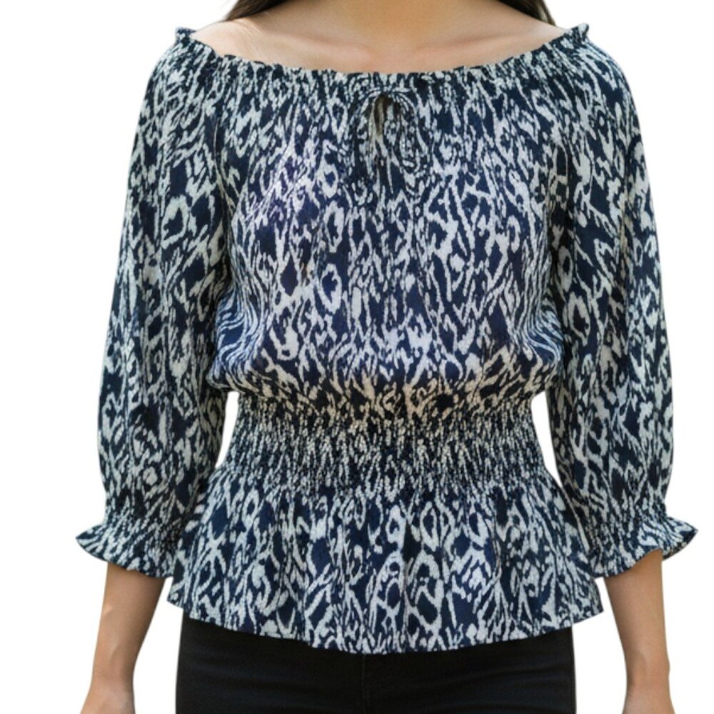 ALFANI Navy White 3/4 Sleeves Elastic Waist Pleated Pullover Blouse - Size 8